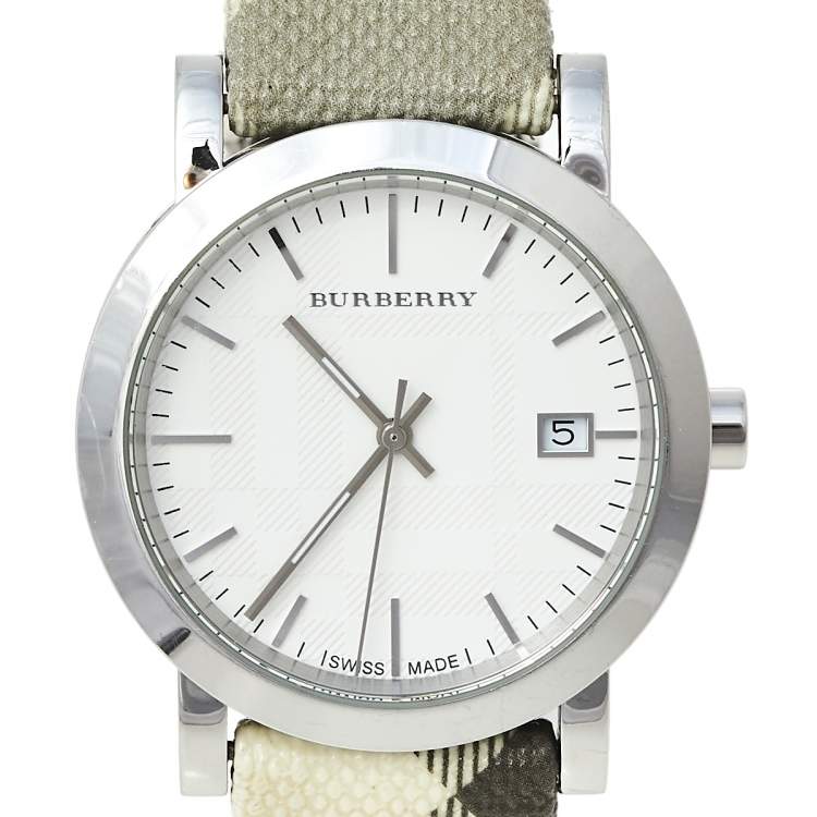 Pre Owned Burberry White Stainless Steel Smoked Check BU1798 Women's Wristwatch 38 mm
