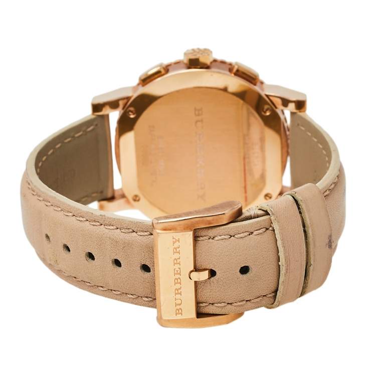 Pre Owned Burberry Beige Rose Gold Plated Stainless Steel Leather BU9704 Unisex Wristwatch 38 mm