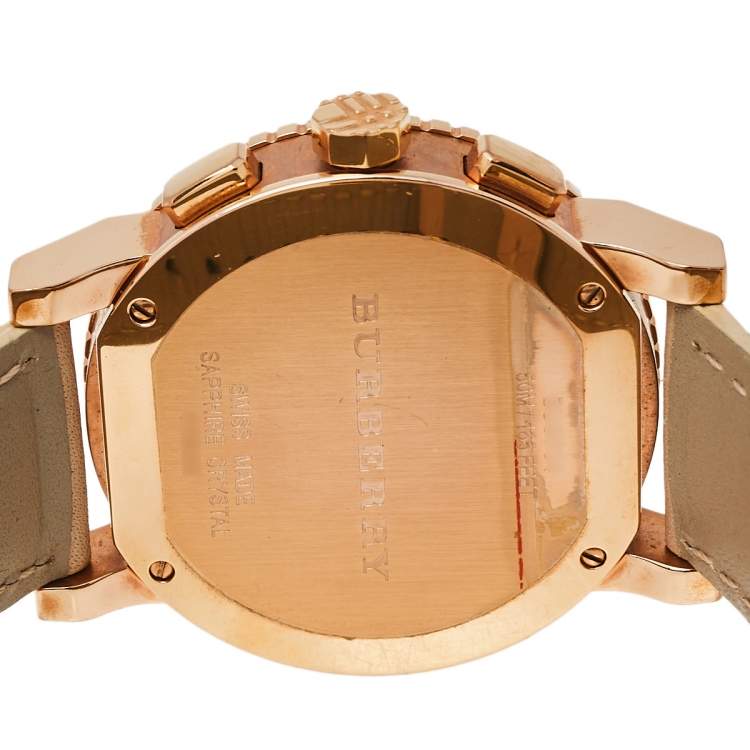 Pre Owned Burberry Beige Rose Gold Plated Stainless Steel Leather BU9704 Unisex Wristwatch 38 mm