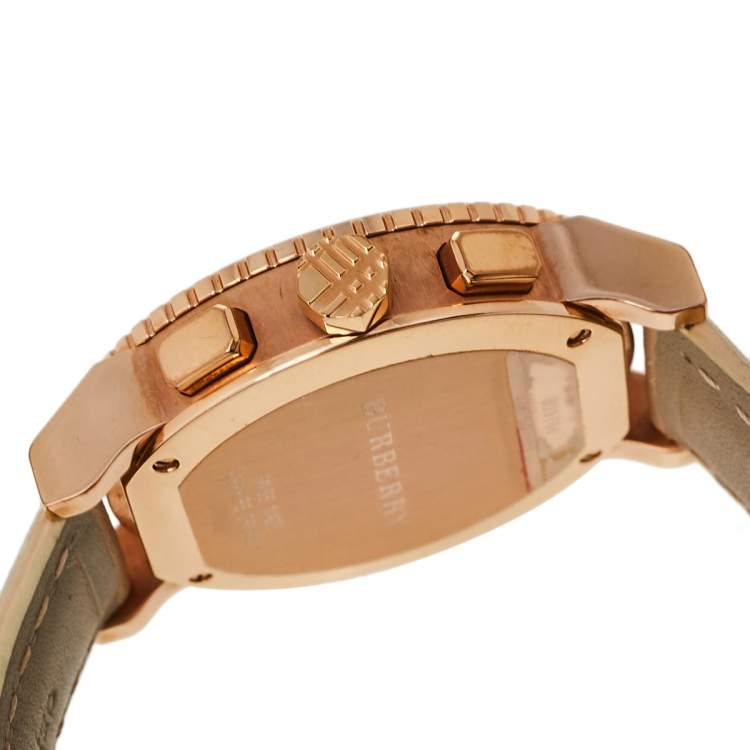 Pre Owned Burberry Beige Rose Gold Plated Stainless Steel Leather BU9704 Unisex Wristwatch 38 mm