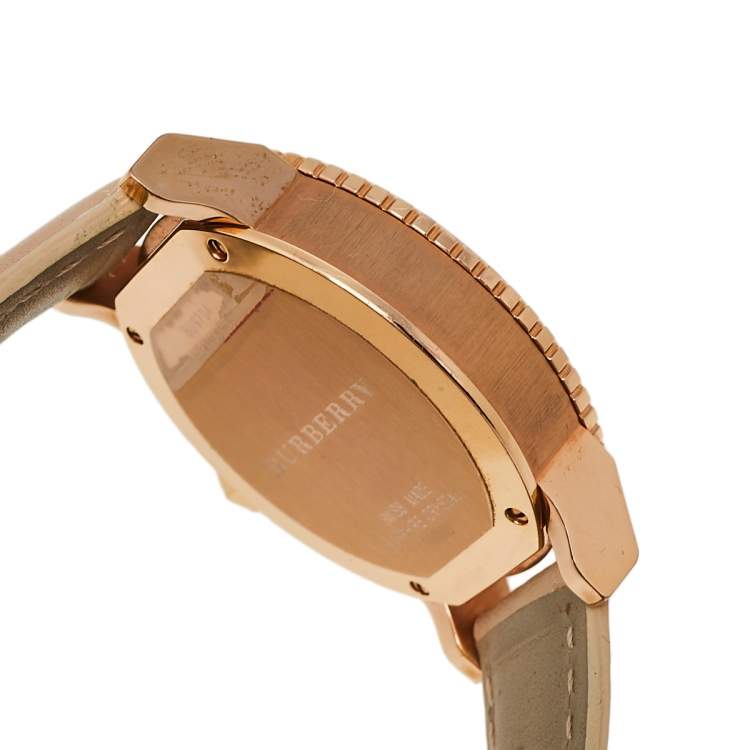 Pre Owned Burberry Beige Rose Gold Plated Stainless Steel Leather BU9704 Unisex Wristwatch 38 mm