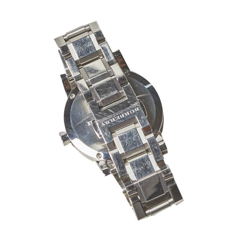 Pre Owned Burberry Silver Stainless Steel Check BU9100 Women's Wristwatch 34 mm