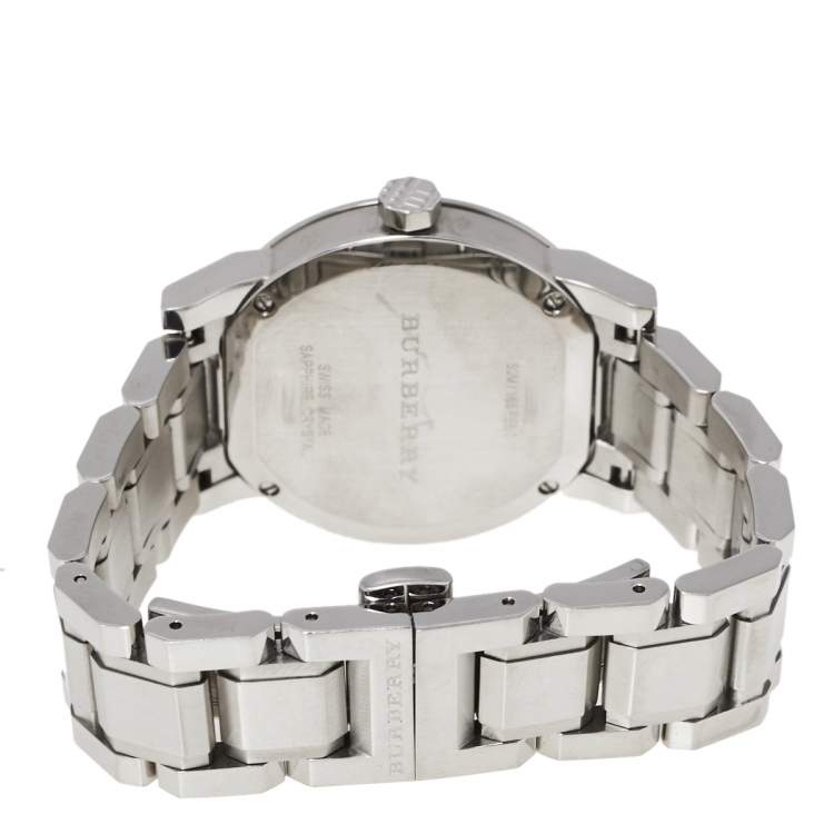 Pre Owned Burberry Silver Stainless Steel Check BU9100 Women's Wristwatch 34 mm