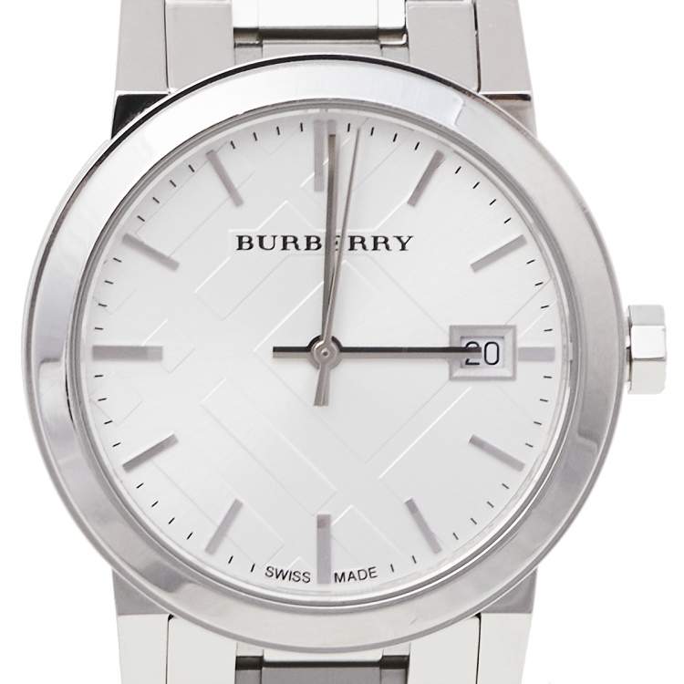 Pre Owned Burberry Silver Stainless Steel Check BU9100 Women's Wristwatch 34 mm
