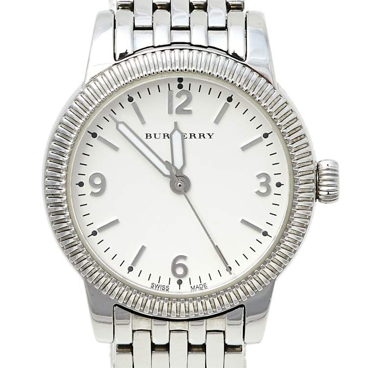 Pre Owned Burberry White Stainless Steel Utilitarian BU7856 Women's Wristwatch 30 MM