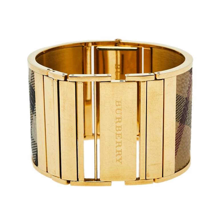 Pre Owned Burberry Gold Plated Stainless Steel Canvas Reversible Check BU4934 Women's Wristwatch 36 mm x 19 mm