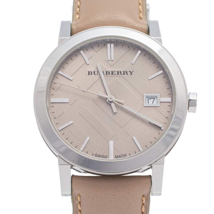 Pre Owned Burberry Beige Stainless Steel Leather Check BU9010 Unisex Wristwatch 38 mm
