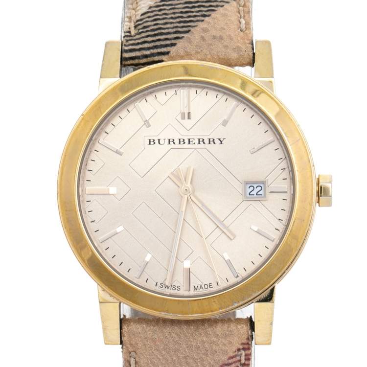 Pre Owned Burberry Champagne Yellow Gold Plated Stainless Steel The City BU9026 Women's Wristwatch 38 mm