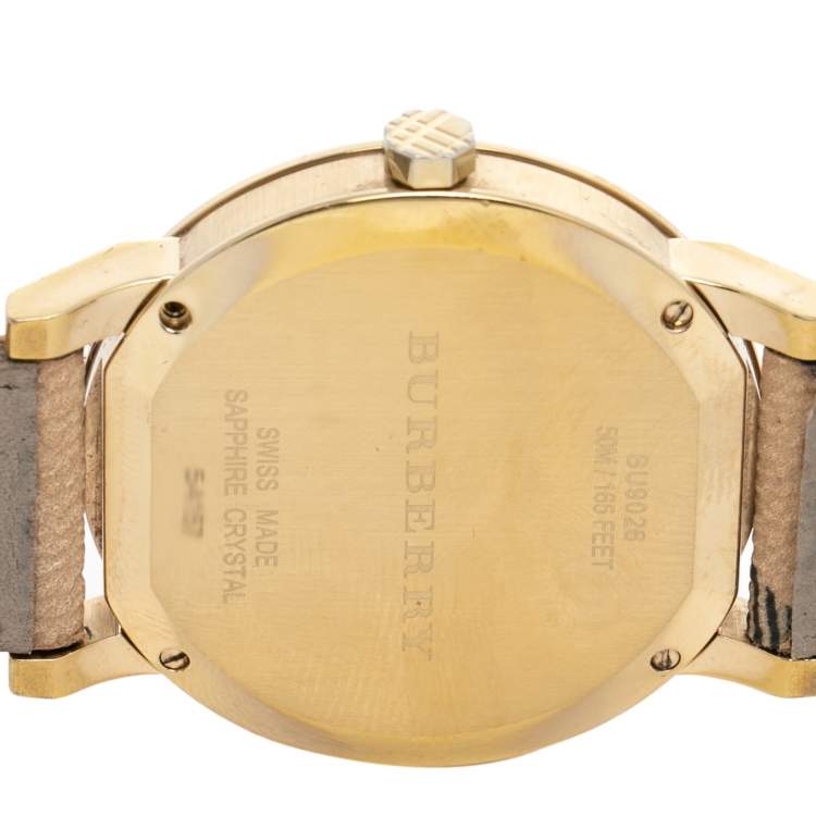 Pre Owned Burberry Champagne Yellow Gold Plated Stainless Steel The City BU9026 Women's Wristwatch 38 mm