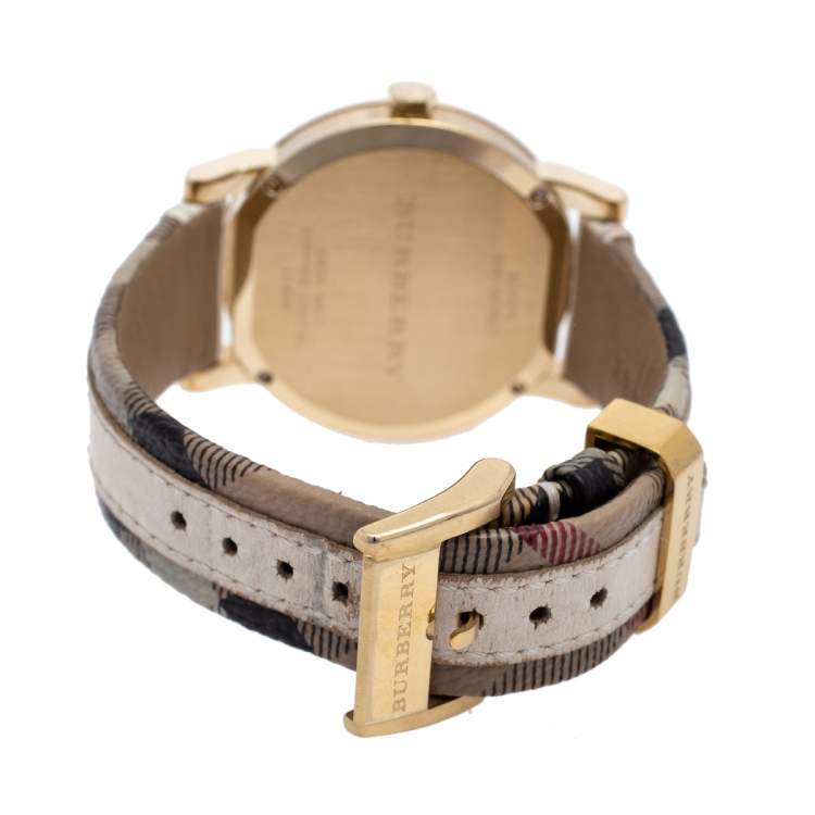 Pre Owned Burberry Champagne Gold Plated Stainless Steel Leather BU9015 Women's Wristwatch 38 mm