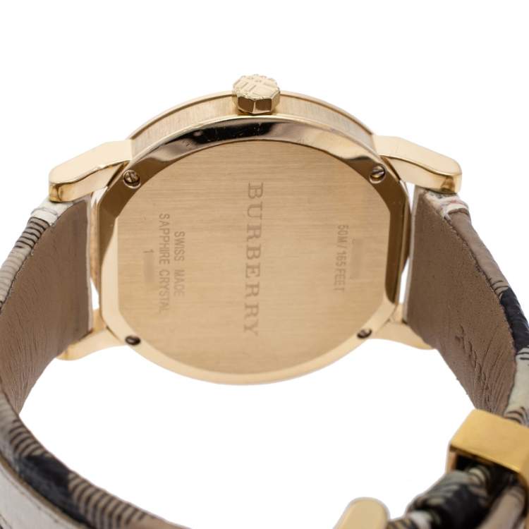 Pre Owned Burberry Champagne Gold Plated Stainless Steel Leather BU9015 Women's Wristwatch 38 mm