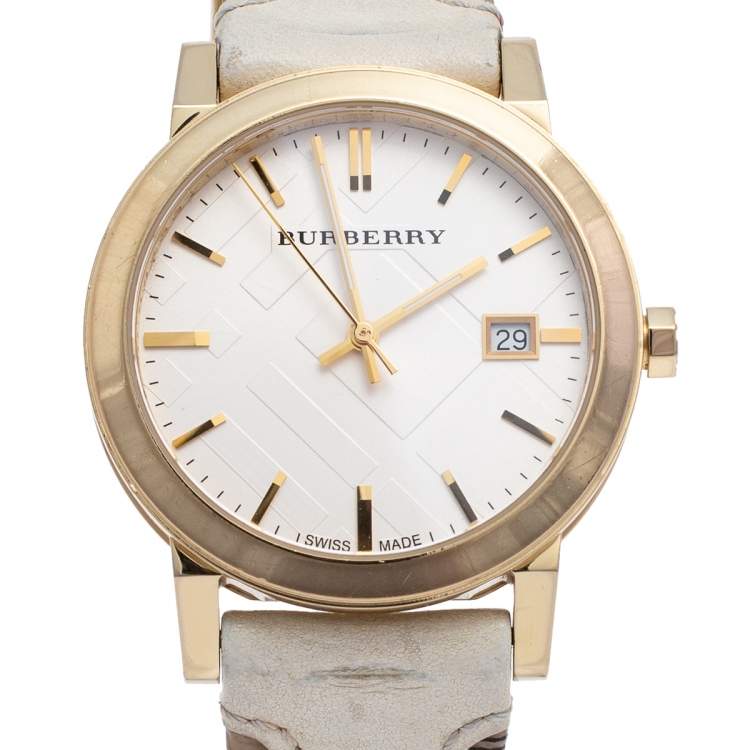 Pre Owned Burberry Champagne Gold Plated Stainless Steel Leather BU9015 Women's Wristwatch 38 mm
