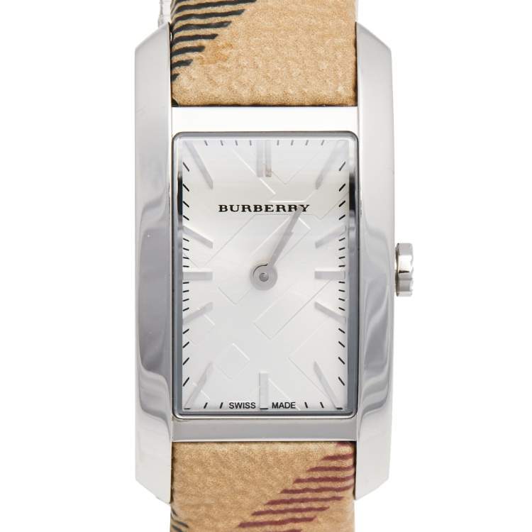 Pre Owned Burberry Silver Stainless Steel Leather The Pioneer BU9508 Women's Wristwatch 20 mm 