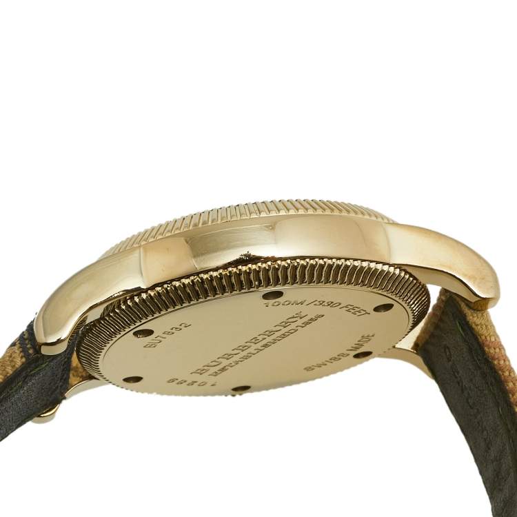 Pre Owned Burberry Beige Yellow Gold Plated Stainless Steel Leather BU7832 Women's Wristwatch 40 mm