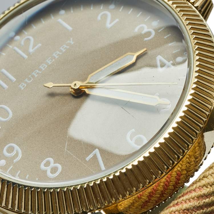 Pre Owned Burberry Beige Yellow Gold Plated Stainless Steel Leather BU7832 Women's Wristwatch 40 mm