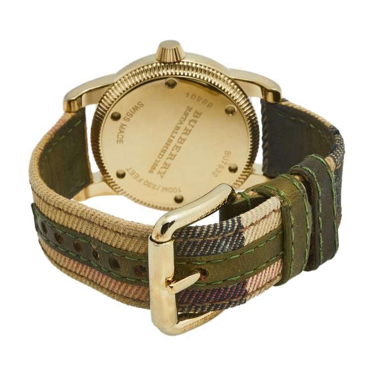 Pre Owned Burberry Beige Yellow Gold Plated Stainless Steel Leather BU7832 Women's Wristwatch 40 mm