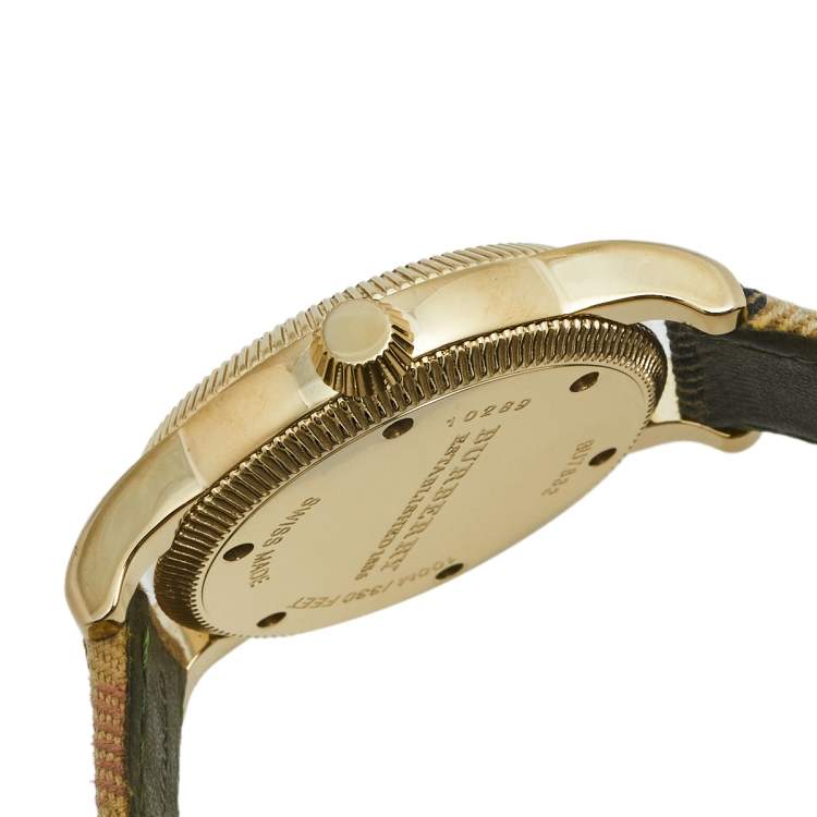 Pre Owned Burberry Beige Yellow Gold Plated Stainless Steel Leather BU7832 Women's Wristwatch 40 mm