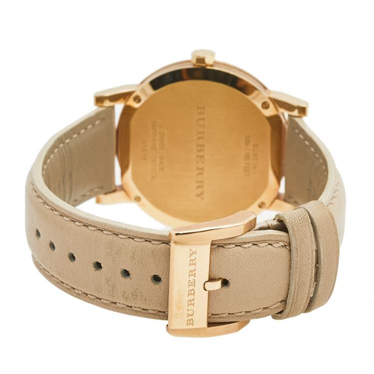 Pre Owned Burberry Beige Rose Gold Plated Stainless Steel Leather BU9014 Women's Wristwatch 38 mm