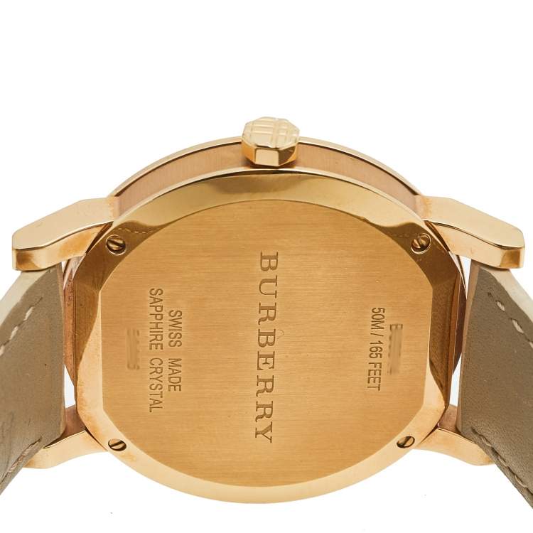 Pre Owned Burberry Beige Rose Gold Plated Stainless Steel Leather BU9014 Women's Wristwatch 38 mm