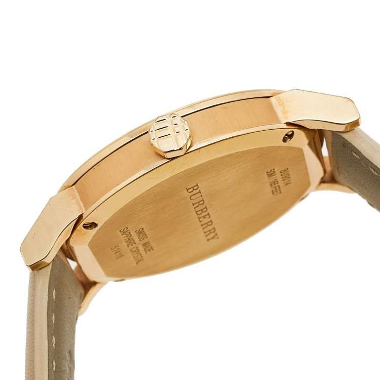 Pre Owned Burberry Beige Rose Gold Plated Stainless Steel Leather BU9014 Women's Wristwatch 38 mm