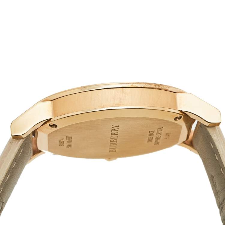 Pre Owned Burberry Beige Rose Gold Plated Stainless Steel Leather BU9014 Women's Wristwatch 38 mm