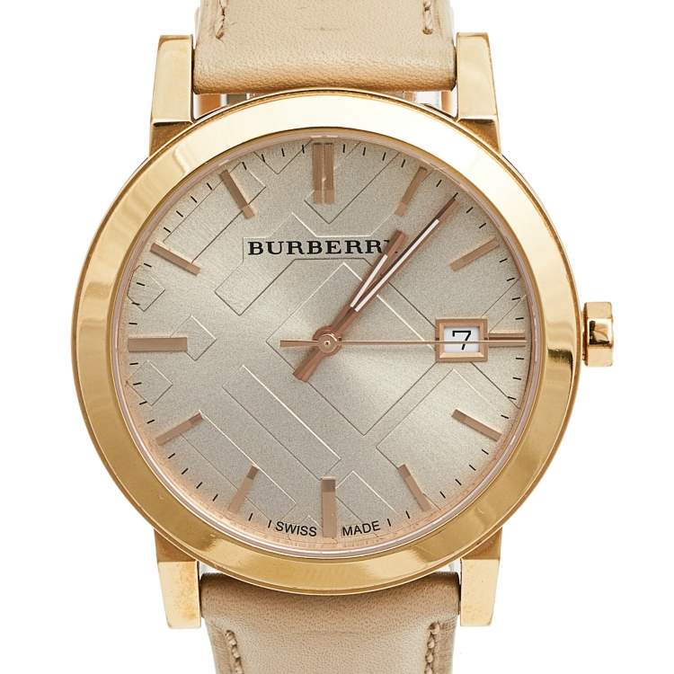 Pre Owned Burberry Beige Rose Gold Plated Stainless Steel Leather BU9014 Women's Wristwatch 38 mm