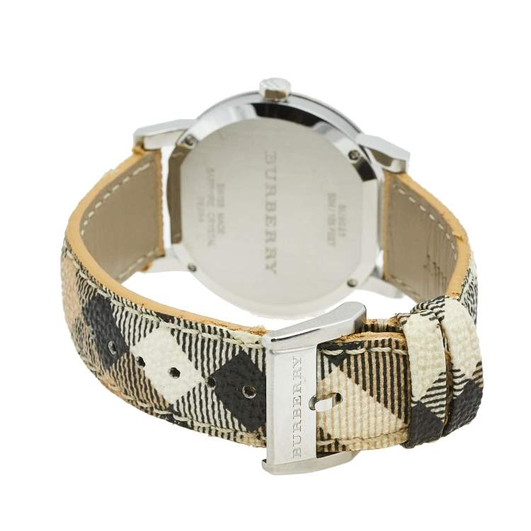 Pre Owned Burberry Silver Stainless Steel Leather Heritage BU9025 Women's Wristwatch 38 mm
