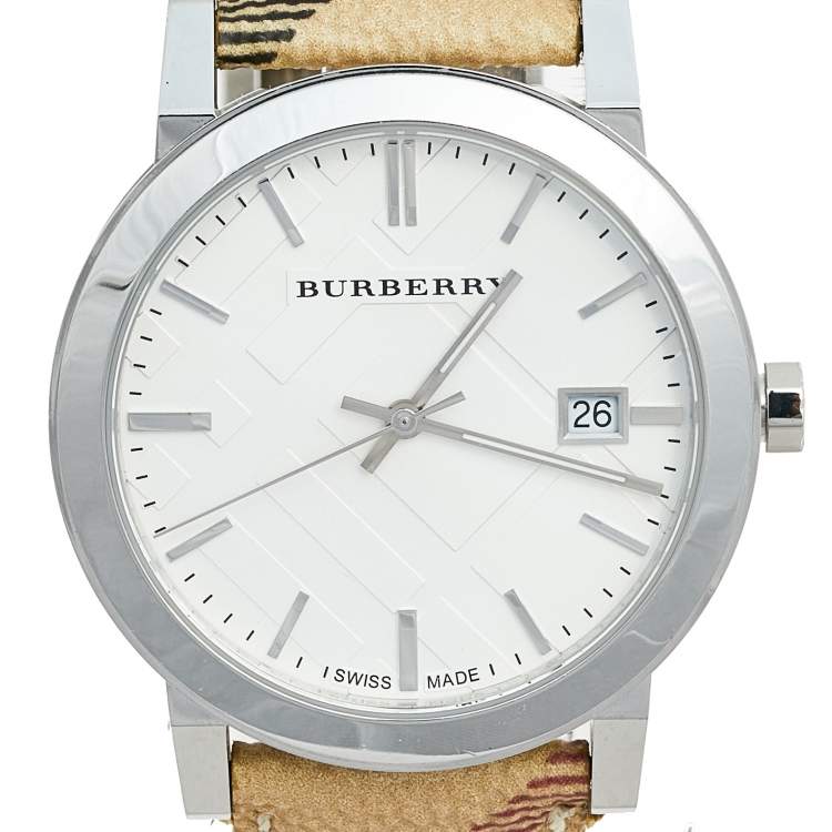 Pre Owned Burberry Silver Stainless Steel Leather Heritage BU9025 Women's Wristwatch 38 mm