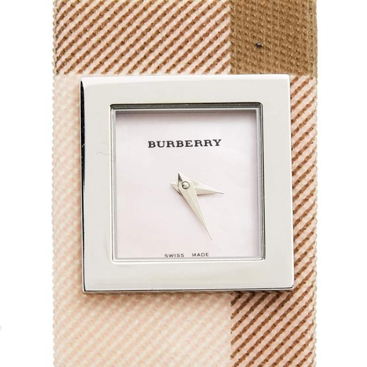Pre Owned Burberry Pink Mother of Pearl Stainless Steel Leather BU4010 Women's Wristwatch 22 mm
