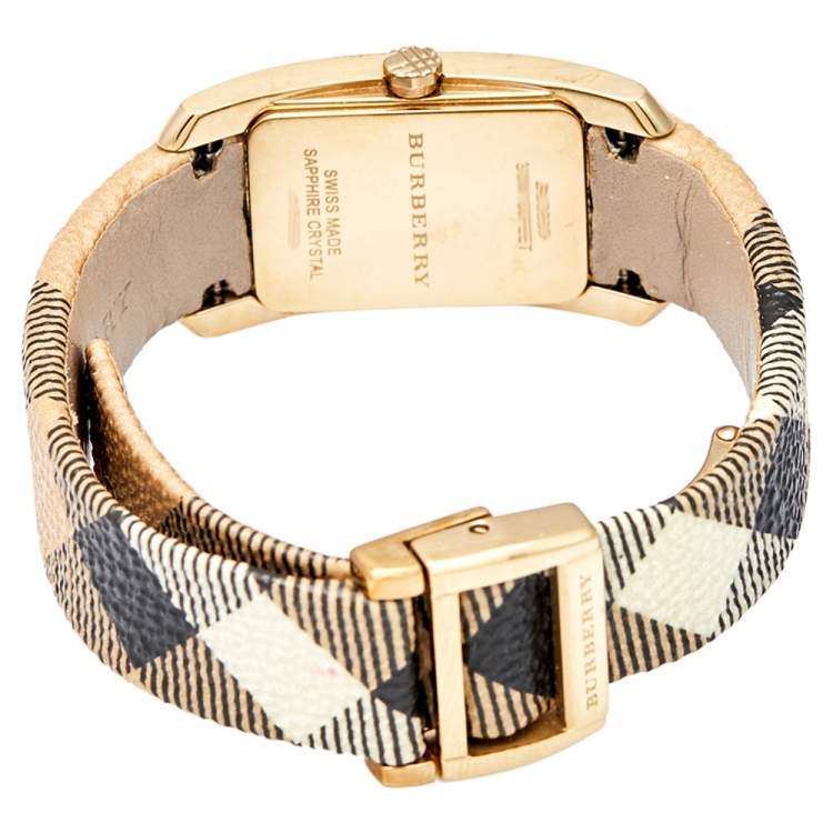 Pre Owned Burberry Champagne Yellow Gold Plated Stainless Steel Leather Pioneer BU9509 Women's Wristwatch 20 mm