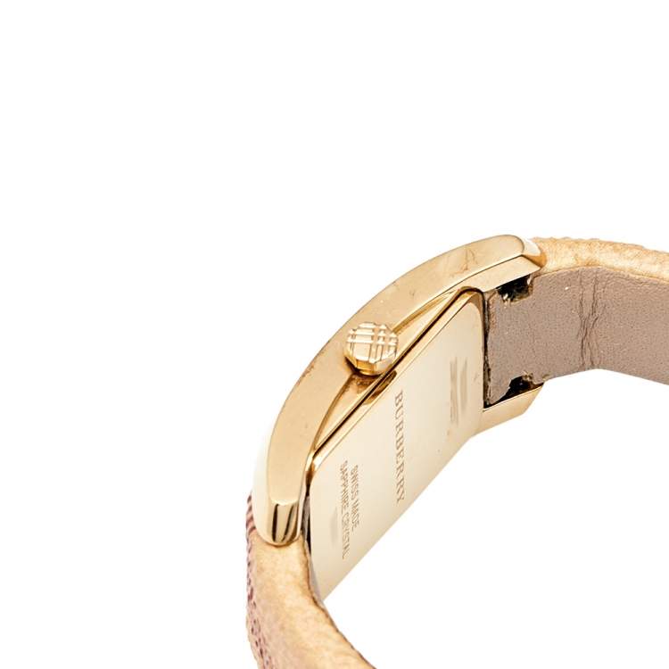 Pre Owned Burberry Champagne Yellow Gold Plated Stainless Steel Leather Pioneer BU9509 Women's Wristwatch 20 mm