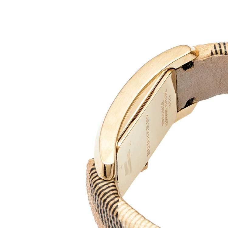 Pre Owned Burberry Champagne Yellow Gold Plated Stainless Steel Leather Pioneer BU9509 Women's Wristwatch 20 mm