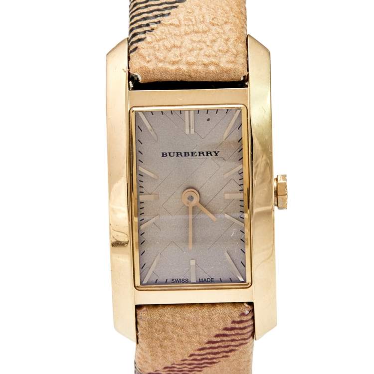 Pre Owned Burberry Champagne Yellow Gold Plated Stainless Steel Leather Pioneer BU9509 Women's Wristwatch 20 mm