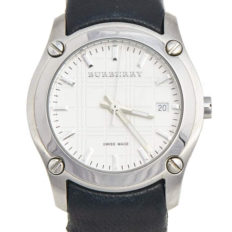 Pre Owned Burberry White Stainless Steel Leather BU1859 Women's Wristwatch 29 mm