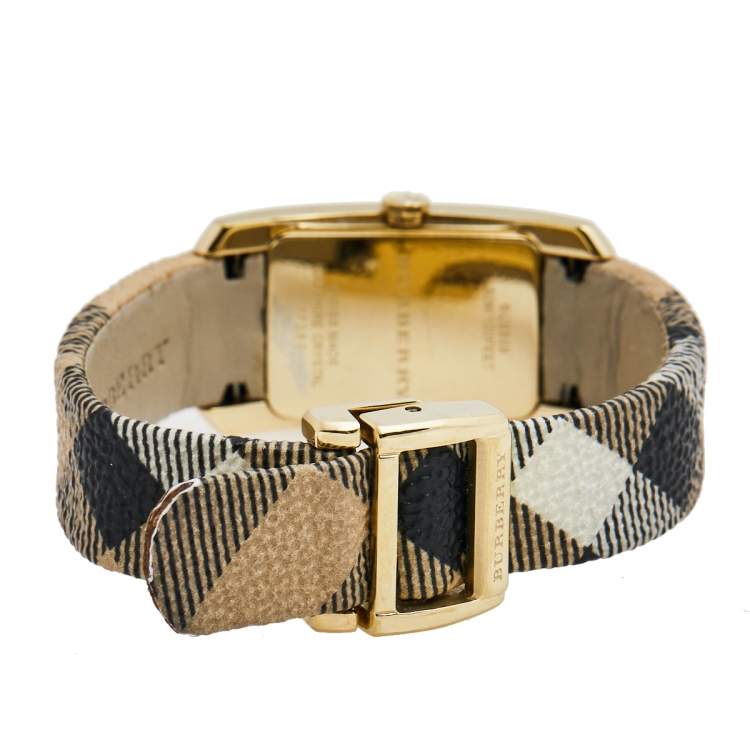 Pre Owned Burberry Champagne Gold Plated Stainless Steel Canvas The Pioneer BU9509 Women's Wristwatch 20 mm