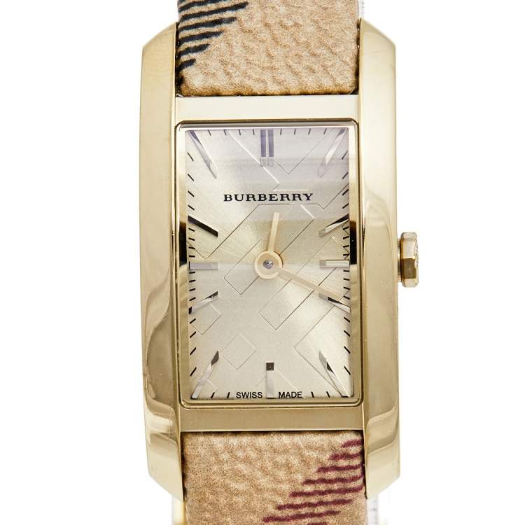 Pre Owned Burberry Champagne Gold Plated Stainless Steel Canvas The Pioneer BU9509 Women's Wristwatch 20 mm