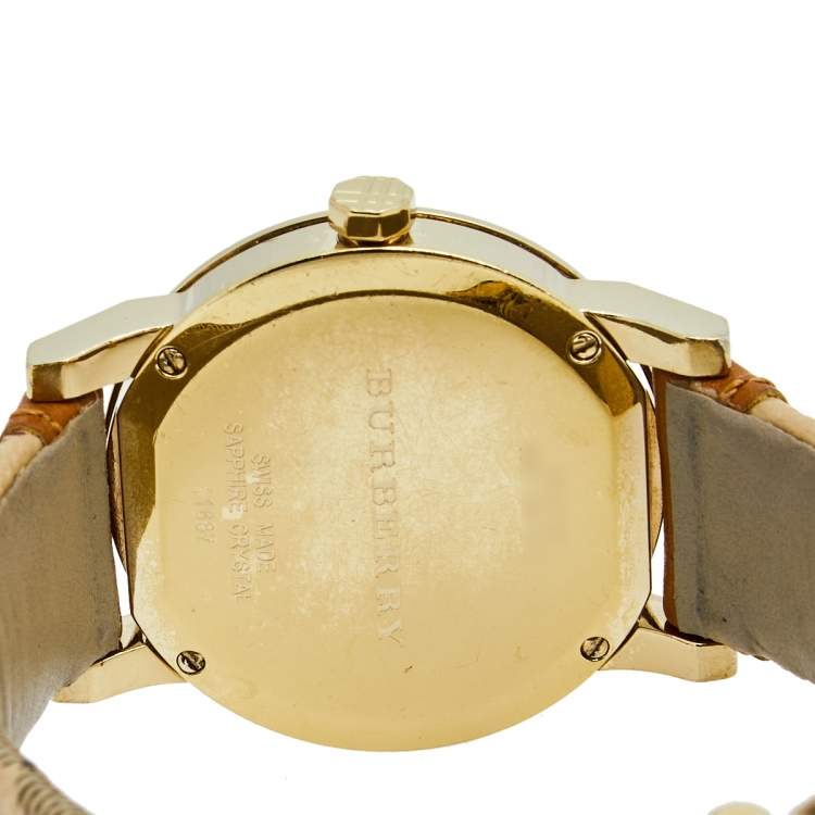 Pre Owned Burberry Champagne Yellow Gold Plated Stainless Steel Leather The City BU9133 Women's Wristwatch 35 mm