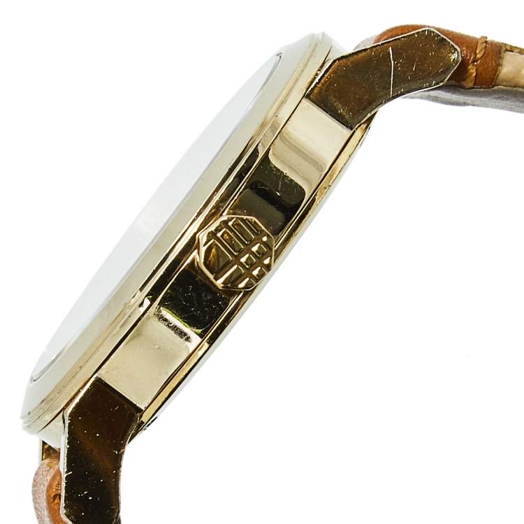 Pre Owned Burberry Champagne Yellow Gold Plated Stainless Steel Leather The City BU9133 Women's Wristwatch 35 mm