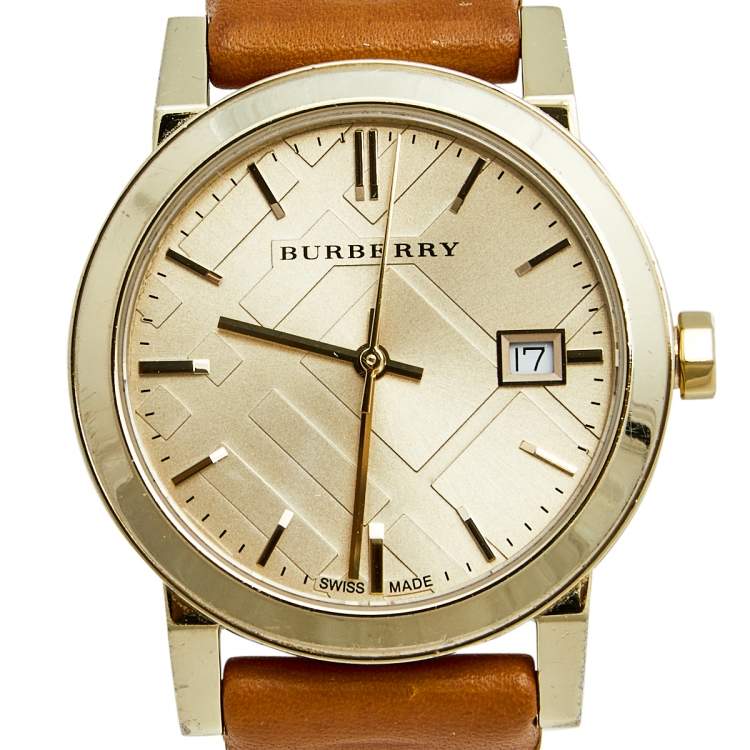 Pre Owned Burberry Champagne Yellow Gold Plated Stainless Steel Leather The City BU9133 Women's Wristwatch 35 mm