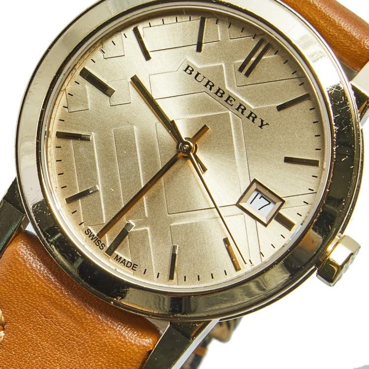 Pre Owned Burberry Champagne Yellow Gold Plated Stainless Steel Leather The City BU9133 Women's Wristwatch 35 mm