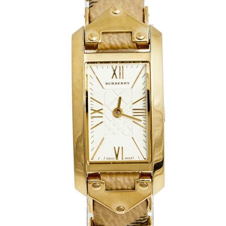 Pre Owned Burberry Champagne Yellow Gold Plated Stainless Steel Leather BU1072 Women's Wristwatch 20 mm