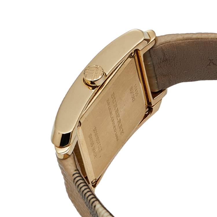 Pre Owned Burberry Champagne Yellow Gold Plated Stainless Leather Steel Nova Check BU1582 Women's Wristwatch 25 mm