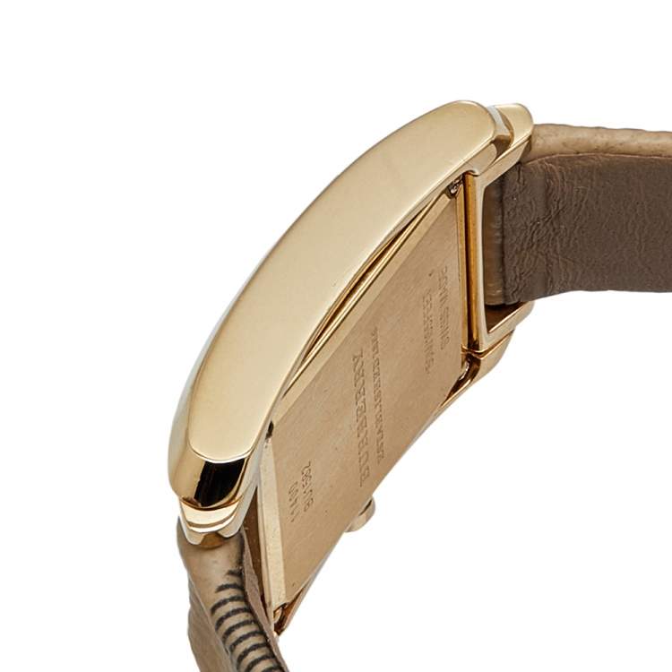 Pre Owned Burberry Champagne Yellow Gold Plated Stainless Leather Steel Nova Check BU1582 Women's Wristwatch 25 mm