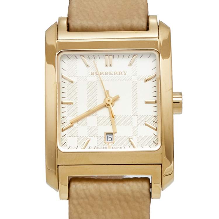 Pre Owned Burberry Champagne Yellow Gold Plated Stainless Leather Steel Nova Check BU1582 Women's Wristwatch 25 mm