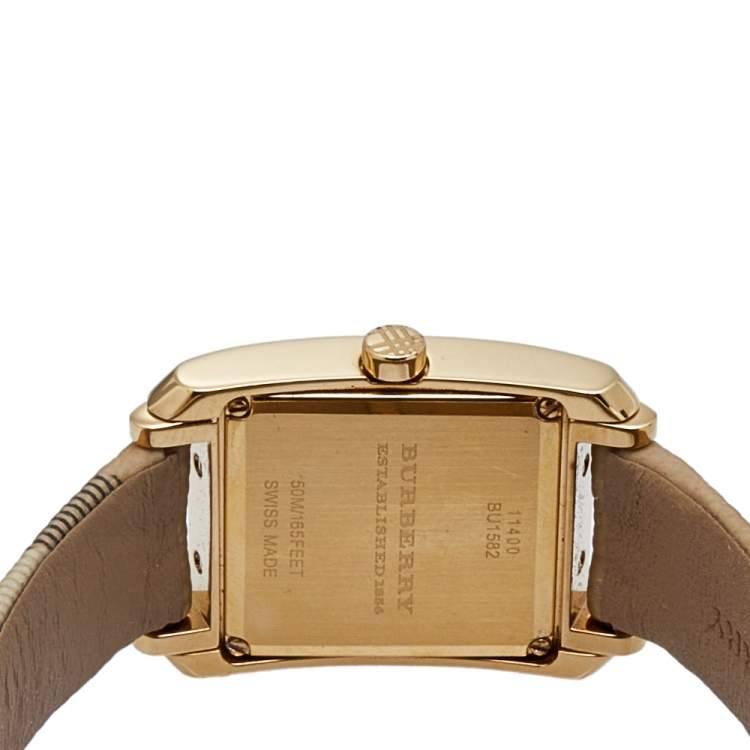 Pre Owned Burberry Champagne Yellow Gold Plated Stainless Leather Steel Nova Check BU1582 Women's Wristwatch 25 mm