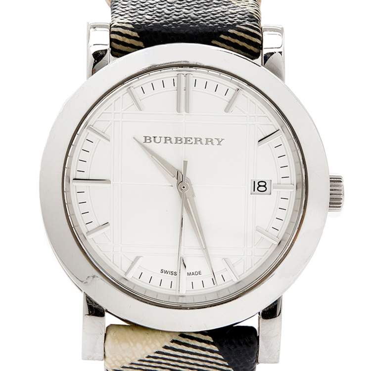 Pre Owned Burberry Silver Stainless Steel Nova Check BU1378 Women's Wristwatch 38 mm
