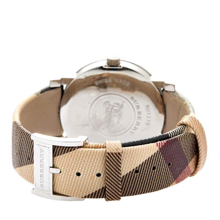 Pre Owned Burberry Silver Stainless Steel Nova Check BU1378 Women's Wristwatch 38 mm