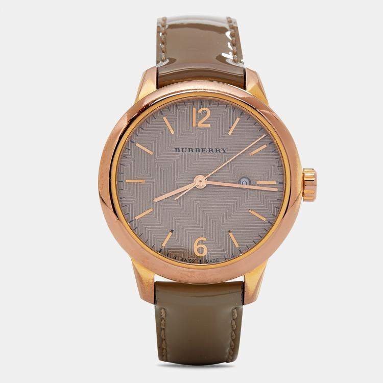 Pre Owned Burberry Beige Rose Gold PVD Coated Leather Classic BU10119 Women's Wristwatch 32 mm