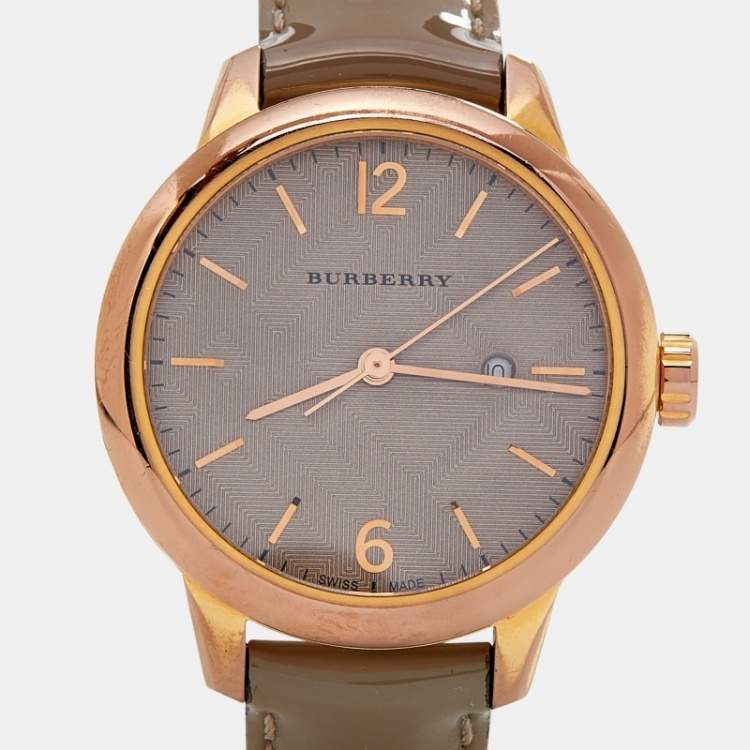 Pre Owned Burberry Beige Rose Gold PVD Coated Leather Classic BU10119 Women's Wristwatch 32 mm