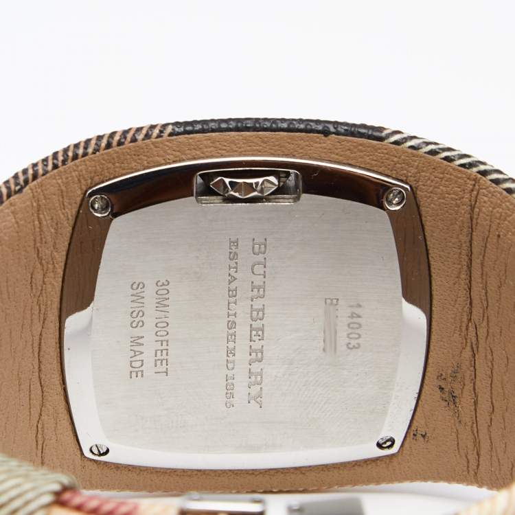 Pre Owned Burberry Silver Stainless Steel Leather Heritage BU4050 Women's Wristwatch 34 mm